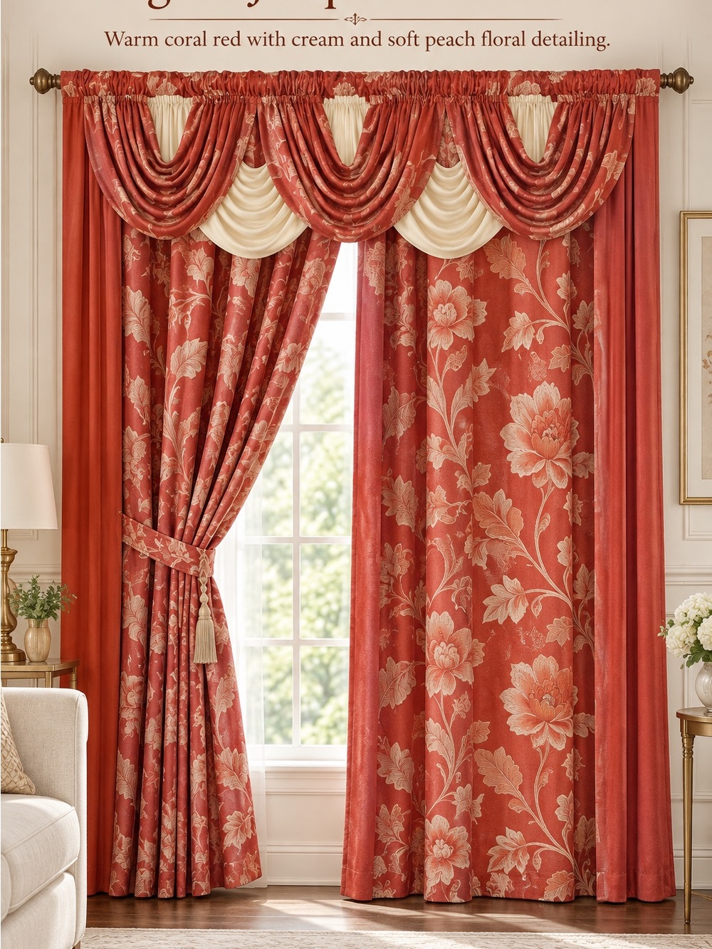 Warm Coral Red Floral Drapery Set with Cream Accents
